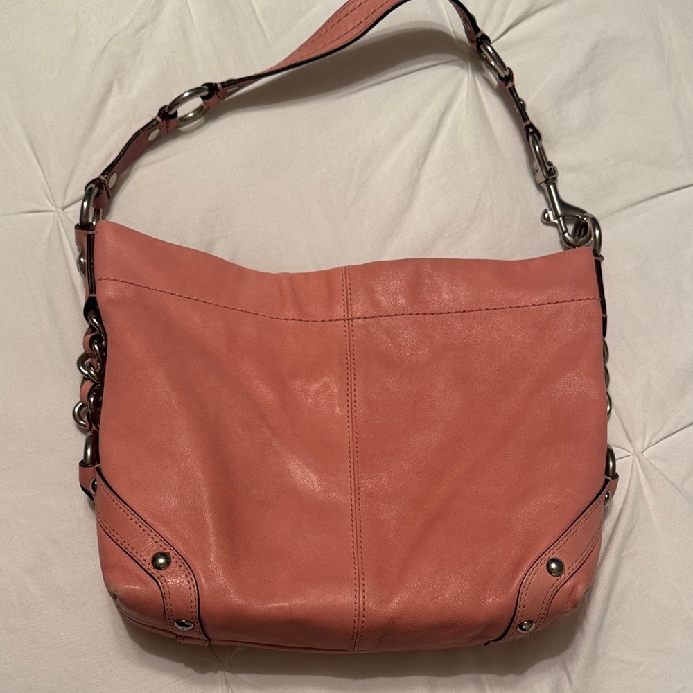 Coach Y2K Pink Leather Carly Shoulder Bag with Metal Accents